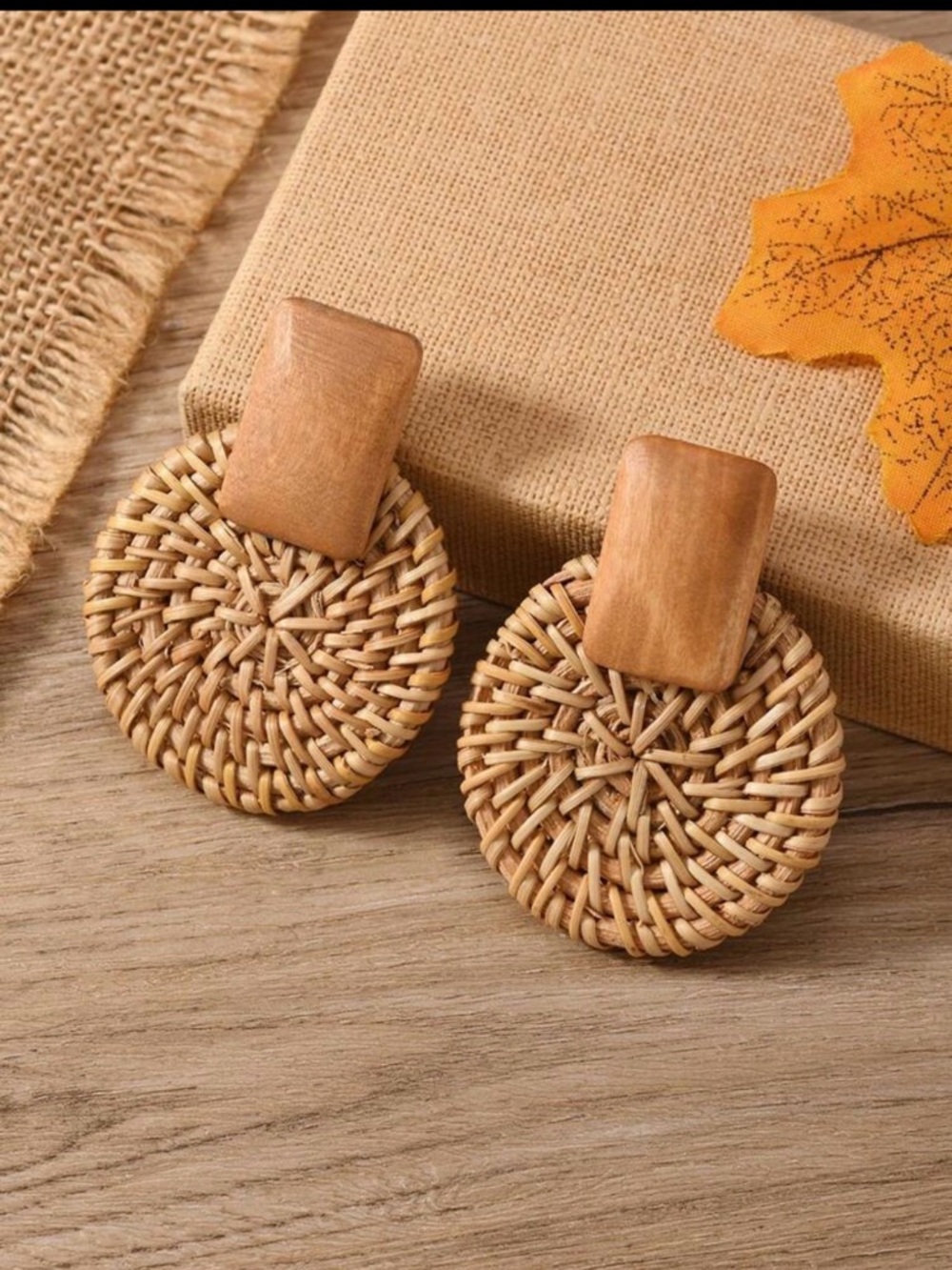 Handwoven Round Rattan Drop Earrings - Natural Brown (Never Worn)